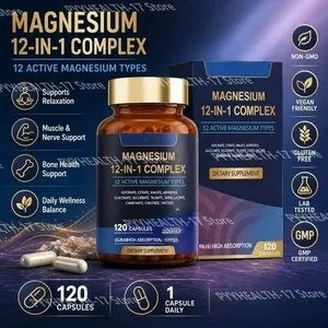 Magnesium 12-in-1 complexe capsules 12 actieve magnesiumsoorten Hoge absorptie Glycinaatcitraatvormen 120 capsules