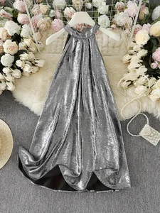 Elegant Dresses for Woman Silver Metallic Halter Neck Maxi Dress Sleeveless Elegant Drape Evening Parties and Special Occasions