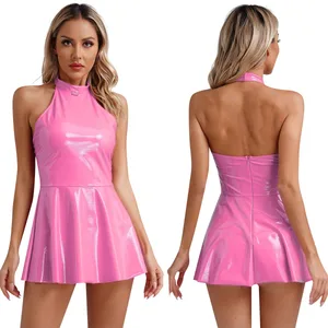 Mini vestit de làtex de línia A brillant de pell de xarol brillant per a dona amb faldilla swing patinadora Bodycon Mini vestit Rave Disco Party Clubwear