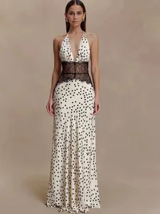 MO Patchwork dantelă cu imprimeu cu buline, rochie maxi pentru femei, rochie de seară sexy fără spate, rochie de petrecere elegantă, de iarnă