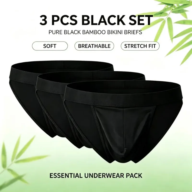 Seluar Dalam Bikini Potongan Tinggi Lelaki Gentian Buluh Lembut Seluar Dalam Olahraga Pouch Bersepadu Penyerap Kelembapan untuk Latihan Gimnasium 1 Set 3 Keping