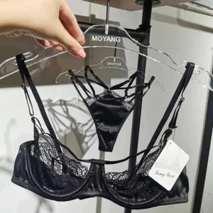 Set Bra Push Up Seksi Ultra Tipis Lingerie Bra Menggoda Satin Tembus Pandang dan Set Celana Dalam Pakaian Dalam Bralette Lenceria