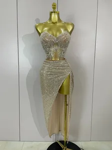 Luccicanti paillettes che bordano sexy senza spalline due pezzi set da donna da sera celebrano una festa in discoteca abito di compleanno di lusso costume di scena