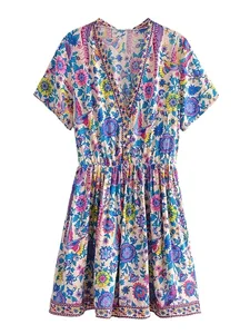 Vintage Chic Wanita Peacock Floral Print Gaun Mini Bohemian V-leher Dalam Wanita Lengan Pendek Happie Beach Boho Dress Vestidos