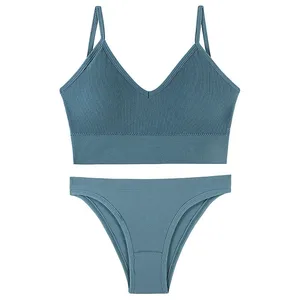 Dámská bezešvá žebrovaná sada podprsenky Wireless Deep V Bralette Top Kalhotky Dvoudílná sada spodního prádla Sportovní Fitness spodní prádlo