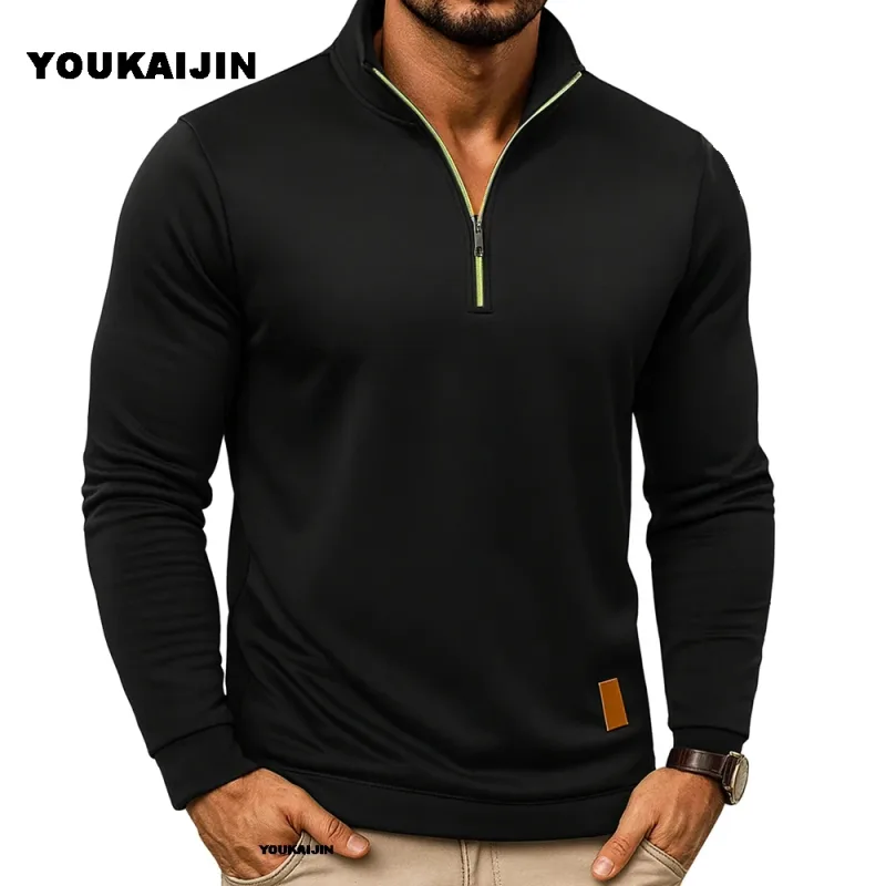 Hommes sweats printemps plus épais pull quart pull à fermeture éclair pour homme à capuche en plein air sweat automne couleur unie col roulé