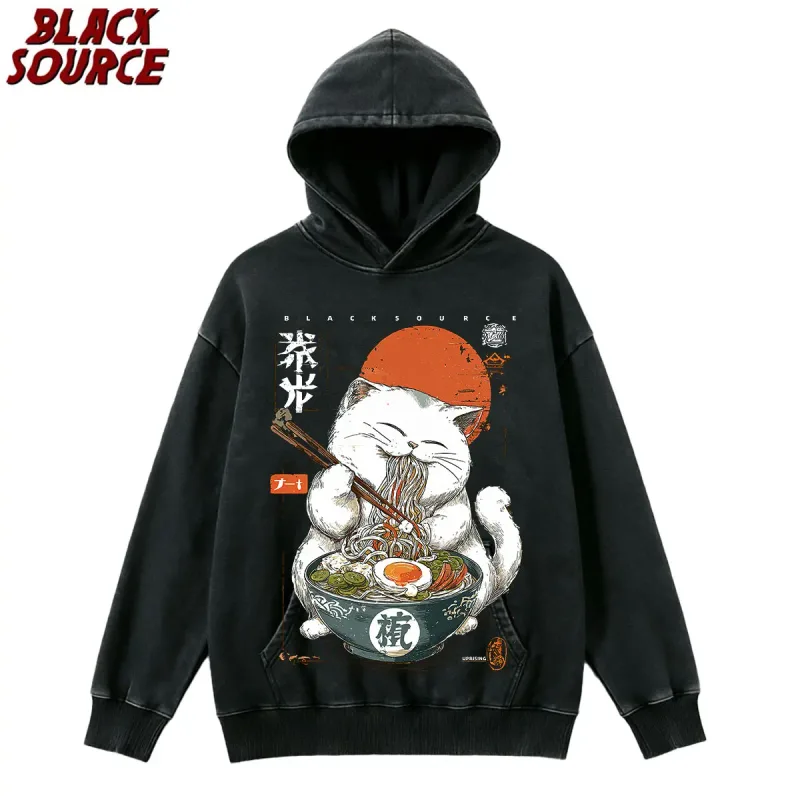 T0220 Cute Ramen Japanese Cat Hoodie, Unisex Cartoon Graphic Pullover Sweatshirt, Casual Streetwear Loose Fit Daily Wear