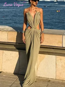 Abito lungo senza maniche con cinturino per spaghetti in tinta unita Abito lungo da donna sexy con scollo a V profondo in vita Abito da sera con volant Abito estivo elegante da festa