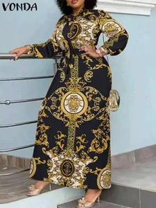 Maxi Dress 2024 Musim Panas Wanita Bohemian Printed Party Sundress Lengan Panjang Kolar Berdiri Jubah Kasual Holiday Vestidos Belted