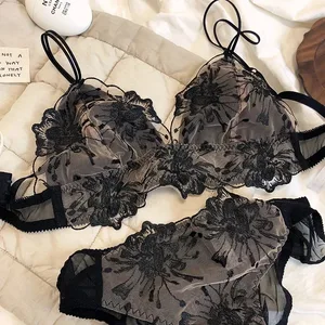 Conjunto de Bralette de encaje bordado, sujetador inalámbrico con copa triangular para pechos grandes, lencería ultrafina y transpirable