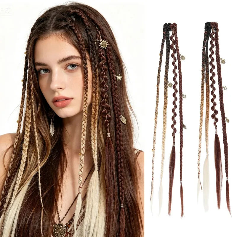 Clip in braids 2PCS 20Inch Dreadlock Extensions with Beads & Chains Viking Boho Braids for Cosplay Festival Daily Styling