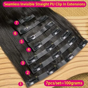 7Pcs Invisible Seamless PU Clip in Human Hair Extension Tape Weft Clip in Extensions For Thick Raw Hair 100G Clip on Hair