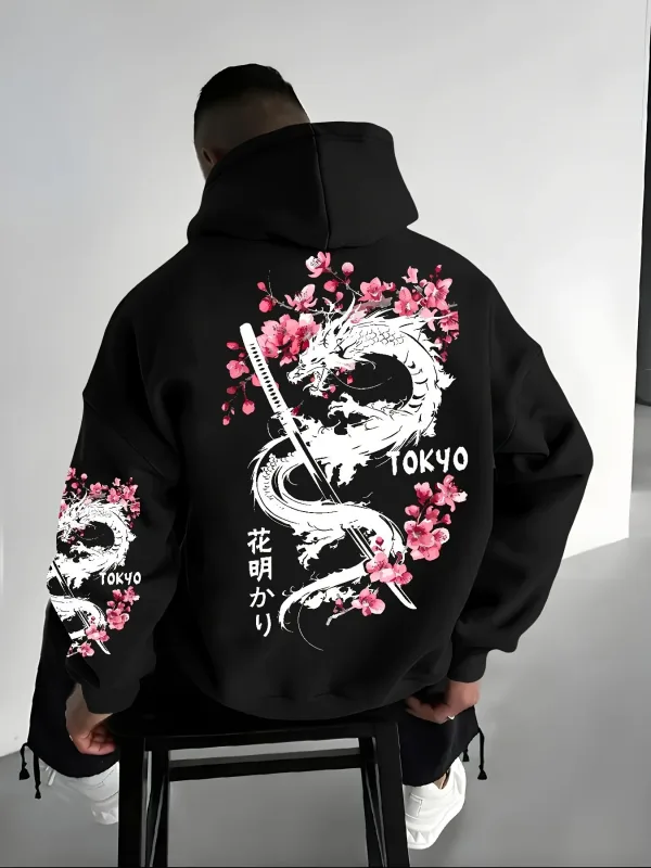 Naka-hood na pullover na naka-hood na pullover para sa init ng taglamig na maluwag at kaswal na istilo ng naka-istilong anime na dragon-patterned cherry blossom print