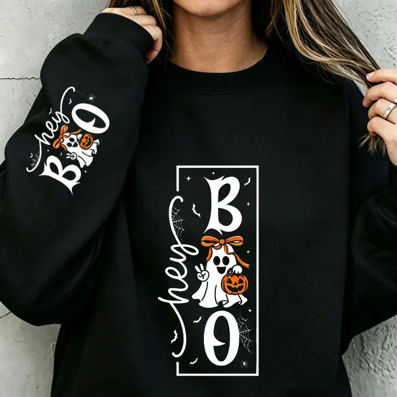 Cute Bow Ghost Pumpkin Hættetrøjer Grafisk Halloween Hey Boo Unisex sweatshirt med rund hals og langærmet efterårstrøje Bomuldstoppe 330gsm