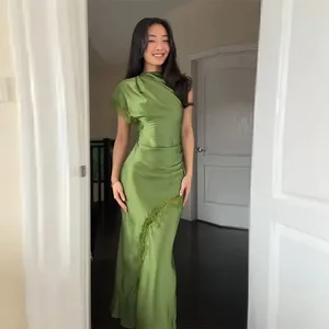 2026 Luxury Olive Green Satin Maxi Dress Women Elegant Shawl Design Lace Trim Asymmetrical Hem Ruched Bodycon Formal Dinner Gown
