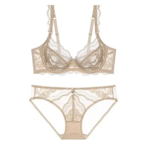 Naisten muoti ultraohut pitsiset alusvaatteet setti Victorian Style Pehmeä Underwire Push Up Gather Lift Pehmusteeton hengittävä vaatetus