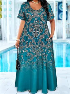 Plus Size blågrøn barok blomstret maxikjole sommer afslappet kortærmet rund hals Løs lang solkjole med lomme