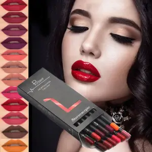 Juego de 12 unidades de lápiz labial resistente al agua, delineador de labios mate, bolígrafos de maquillaje de larga duración, fáciles de usar, Kits de cosméticos con taza antiadherente