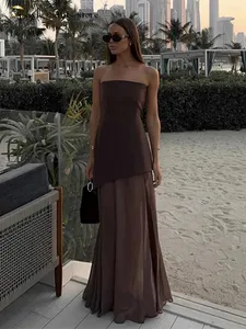 Casual Halter Long Dress Women Loose Spring Summer Tube Top Backless Floor-length Dresses Lady Yellow Robe Woman Naka-istilong Holiday