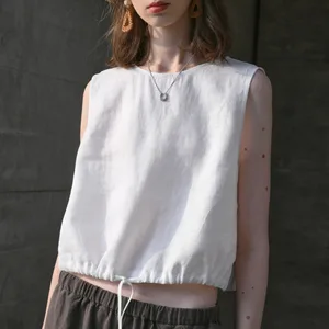 100% Linen Tank Top na Pambabae 2026 Summer Breathable na Maiikling Tops Walang manggas Casual Loose Cotton Linen Drawstring Crop Tops