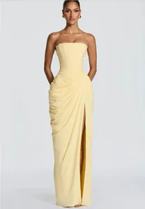 Mingmingxi Spring Summer Yellow Strapless Maxi Dress Ruched High Slit Evening Gown Bodycon Wedding Guest Party Dress Women