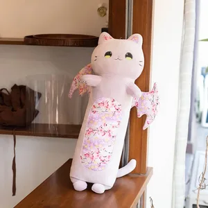 60cm Cute Cat Body Pillows Cherry Blossom Cat with Bat Wing Plush Toys Kawaii Soft Sleeping Pillow Cushion Girl Birthday Gift