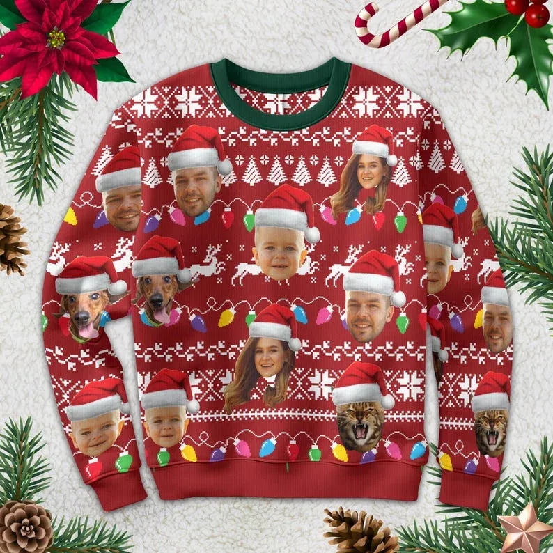 Personalisieren Sie Ihr Foto, 3D-Druck, hässlicher Weihnachtspullover, DIY-Gesicht, Familienpullover, lustiges Bild-Sweatshirt, personalisiertes Weihnachtsgeschenk, Unisex