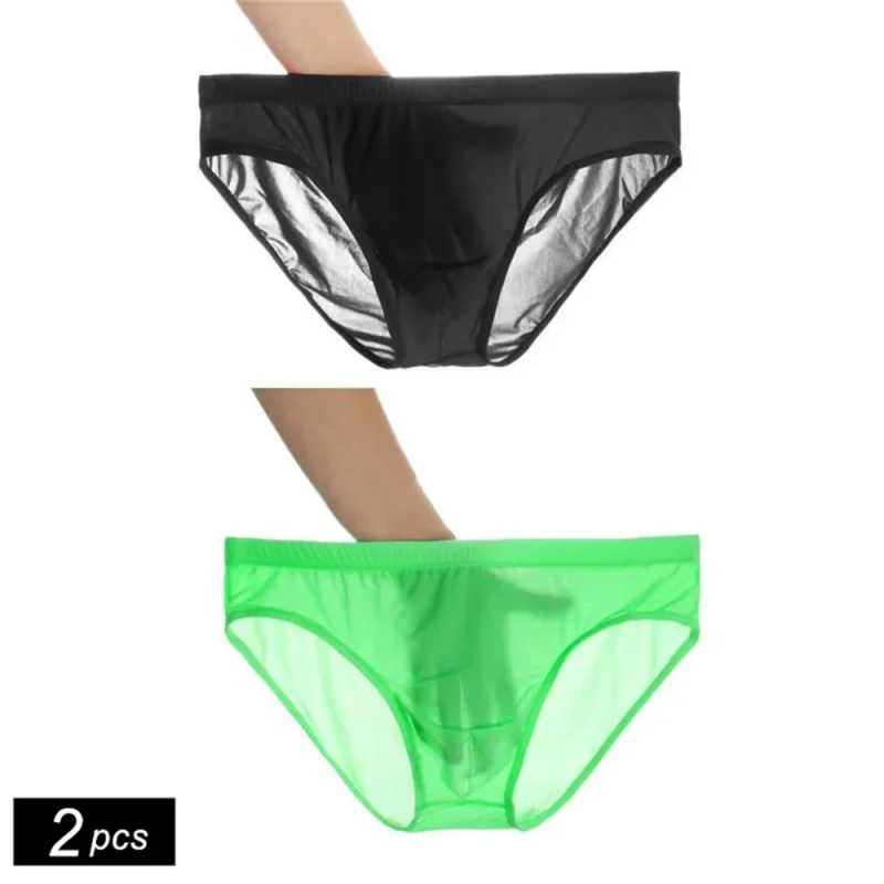 Slip Ultra fin en soie glacée pour homme, 2 pièces, grande taille, couleur unie, translucide, taille basse, respirant, Sexy, culotte masculine, M-4XL