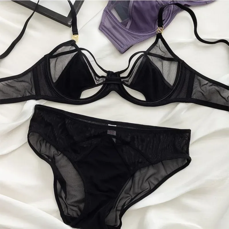 Tulle Bra & Panty Set Ultra Thin Push Up Underwire Lingerie Set Elegant Sexy Intimates Soft Wire Unpadded 32-38-S-XL