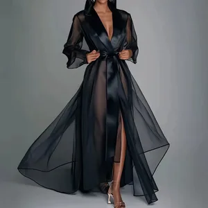 Durchsichtiges Organza-Maxikleid mit langen Ärmeln und Schnürung, Sommer-Reverskragen, modische Brautroben, solides Partykleid für Damen
