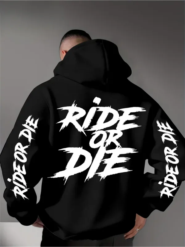 Men's Ride Or Die Hoodie Biker Motorcycle Graphic Back Sleeve Print Oversized Pullover Sweatshirt Streetwear Autumn Winter