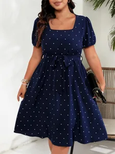 Plus Size Square Neck Polka Dot Bæltekjole Dame Elegant Retro Pufærmer Højtalje Sommer A-line Big Swing Kjoler
