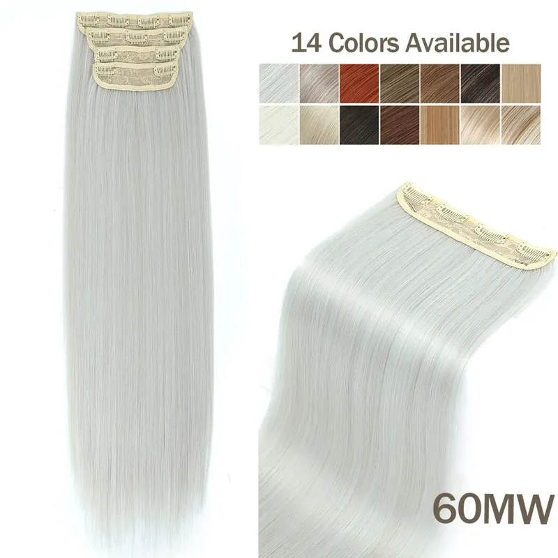Synthetic 24 Inches Clip in Hair Extensions 4Pcs 200g Brown Grey Piano Blonde Orange Brown Straight Heat Resistant Hairpiece