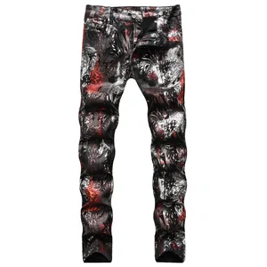 Pantalons texans de mezclilla revestits per a homes Pantalons estampats de patró abstracte de lleopard brillant Pantalons esvelts afilats
