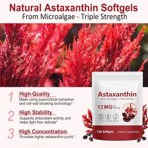 Cápsulas blandas de astaxantina, 12 mg por porción, microalgas, 120 u., sin gluten, sin soja, sin OGM, vegano, respalda la actividad antioxidante