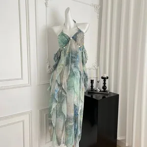 2025 Gaun Maxi Berleher Halter Elegan Wanita Biru Hijau Cetak Bunga Rekaan Bohemian Pakaian Pesta Percutian Pantai Kasual Baru