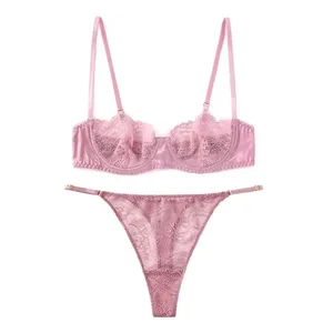 Bra Renda Ultra Tipis dan Celana Dalam Lingerie Seksi Set Pakaian Dalam Godaan Perspektif Set Bra Tembus Pandang Seksi Bra Prancis Merah Muda 2024