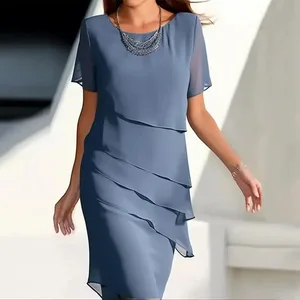 Women's Party Dress Chiffon Short Sleeve Round Neck Layered Asymmetrical Hem Formal Cocktail Dress