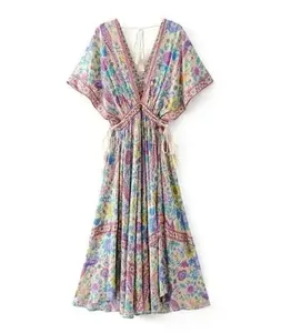Boho Queens Wanita Merak Bunga Cetak Lengan Kelawar Pantai Bohemian Maxi Gaun Wanita V Leher Rumbai Gaun Musim Panas Vestidos