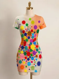 Kortærmet Dame Bodycon Minikjole Slim Fit Rundhals Blomsterprint Afslappet sommerfest Sød Sød Slankeferie Solkjole