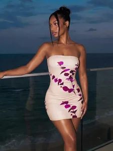 Nibber Hottie Midnight Dress Women Leaf Print Vacation Sexy Sleeveless Backless Summer Fashion Beach Party Club Mini Bodycon
