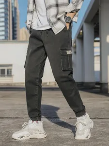 Joggingbyxor för män tvättad bomull Lätt stretchig multifickor Denim Cargobyxor Asiatisk storlek L-6XL
