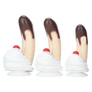 Banana Sundae Silicone Dildo with Strong Suction Cup Cream and Cherry Design Three Sizes Food Grade Silicone Sex Toy for Unisex