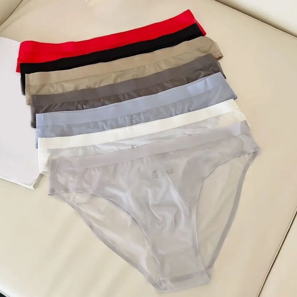 1 Buah Celana Dalam Sutra Es Mulus Transparan Ultratipis Pria Pakaian Dalam Pinggang Tengah Kantung Tonjolan 3D Lingerie Pria Sejuk
