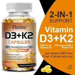 Cápsulas veganas de vitamina D3 K2 - Óleo de coco orgânico - Suplemento diário para um sistema imunológico saudável e ossos sem glúten e soja