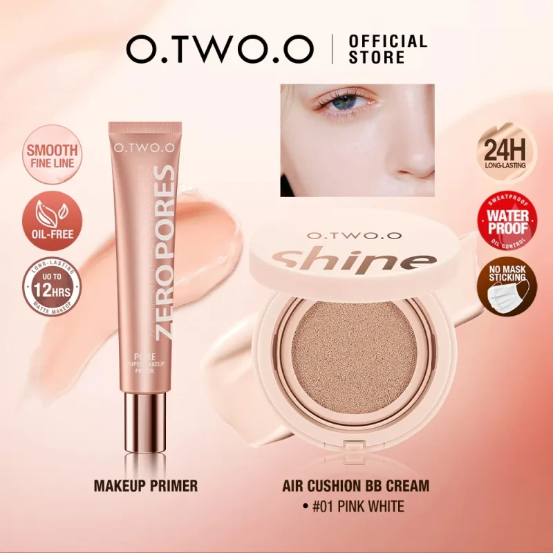 O.TWO.O 2st Ansiktssminksats Primer Air Cushion BB Cream Osynlig Oljekontroll Pore Soft Focus Långvarig Brightskin Cosmetics