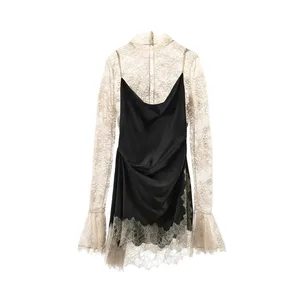 Mini rochie elegantă din dantela florală din satin mozaic pentru femei Rochii cu mânecă lungă cu tivul neregulat pentru damă 2026 Rochii chic pentru petrecere de seară