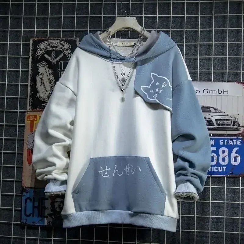 Japansk stil Forår Efterår Mænd Hættetrøje Hættetrøje Sød Kattetryk Patchwork Teenager Hættetrøjer Mode Anime Harajuku Mandlige Sweatshirt
