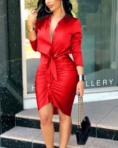 Women's Long Sleeve V Neck Midi Dress Ruched Bodycon Shirt Dress With Tie Waist Asymmetrical Hem For Party Club Evening Wear