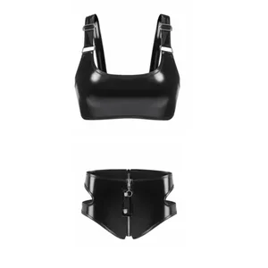 Dame Wet Look PVC BH i imiteret læder Lingeri Sæt Trådfrit uforet Bralette Punk Lynlås Skridt Briefs Clubwear Nyt